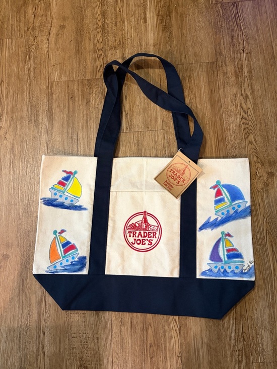 Trader Joe'S Handbags - TRADER JOE’S Large Canvas Tote Bag with Sailboats Painting by@sails66  20”x14”